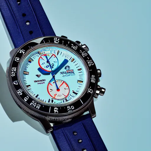 Prompt: product photograph of diving wrist watch with gmt functionality and a chronograph, highly detailed, sharp focus, light blue background, nikon d 7 8 0