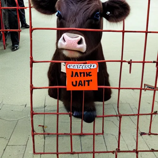 Image similar to cute calf dressed as an inmate behind bars