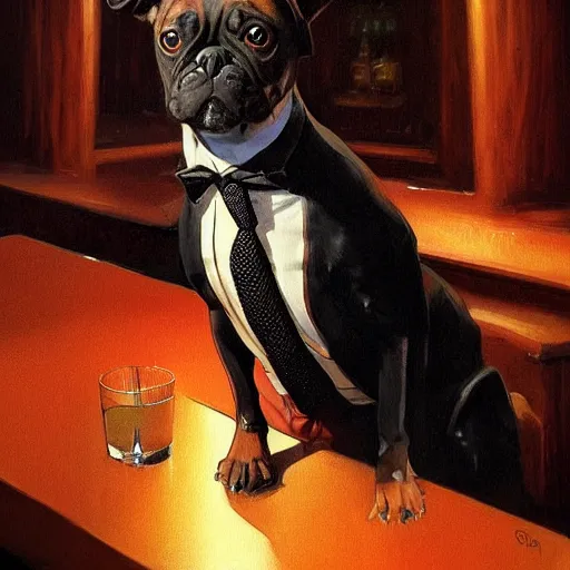 Image similar to a beautiful illustration painting of a dog in a tuxedo drinking whiskey in a dimly lit bar by Jerome Opeña featured on artstation, studio lighting, photorealistic digital art