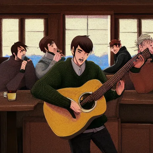 Prompt: five irishmen in aran sweaters singing in a pub, one is playing an acoustic guitar, highly detailed, digital painting, concept art, sharp focus, by makoto shinkai