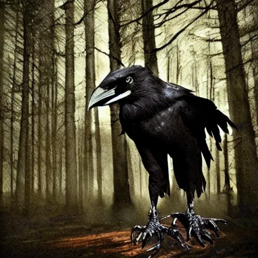 Image similar to !! werecreature consisting of a crow and a human, photograph captured in a dark forest