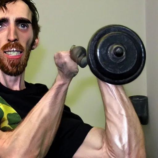 Prompt: asmongold pumping iron, high-resolution photograph