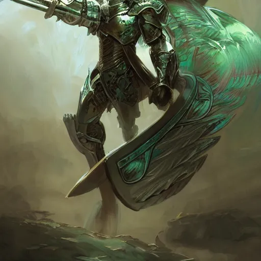 Image similar to armored angel knight in Phthalo metallic green armor with knight helmet, inhumanly long and thin limbs wielding a sword and shield, fallen angel, Barthin, detailed, natural lighting, by Peter Mohrbacher, otherworldly, octane rendered, fantasy, heavenly