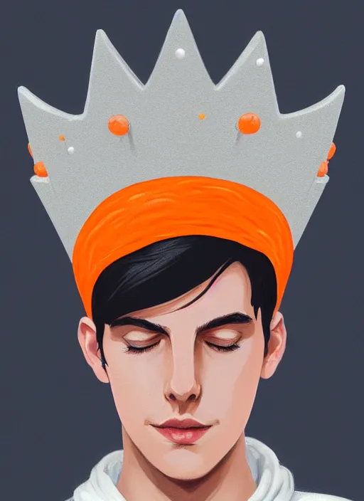 Image similar to portrait of teenage jughead jones wearing a light grey crown, crown, hamburger background, eyes closed, crown, black hair, orange, intricate, elegant, glowing lights, warm lighting, highly detailed, digital painting, artstation, concept art, smooth, sharp focus, illustration, art by wlop, mars ravelo and greg rutkowski