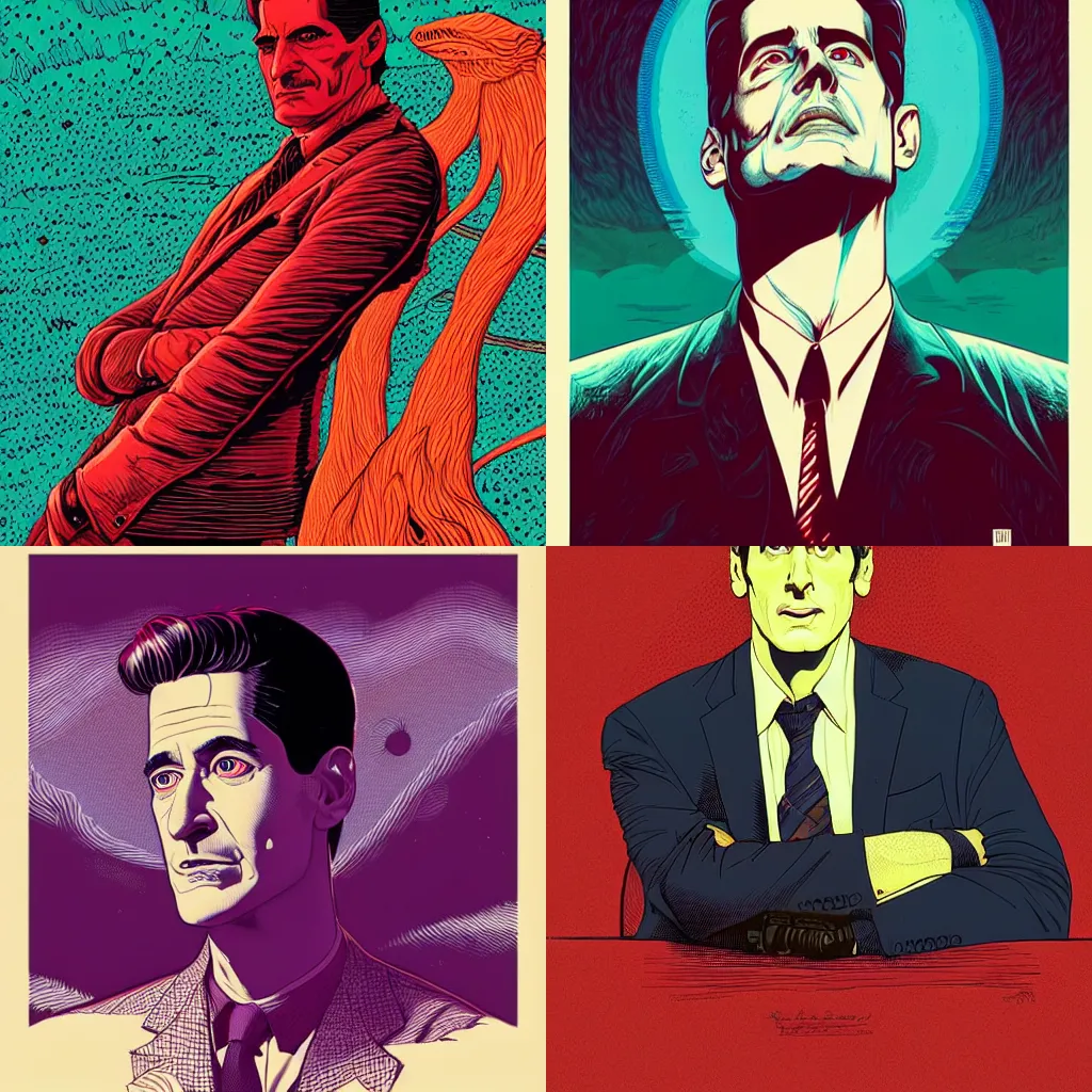 Prompt: Portrait of Dale Cooper by Moebius, Kilian Eng, Deathburger, dan mumford