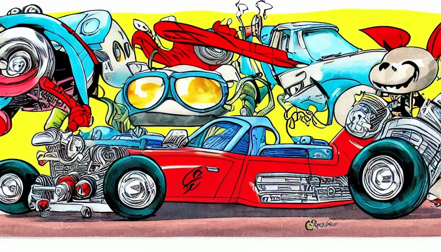 Image similar to funny, comic book style, racoon riding in a tiny hot rod coupe with oversized engine, ratfink style by ed roth, centered award winning watercolor pen illustration, by chihiro iwasaki, edited by range murata