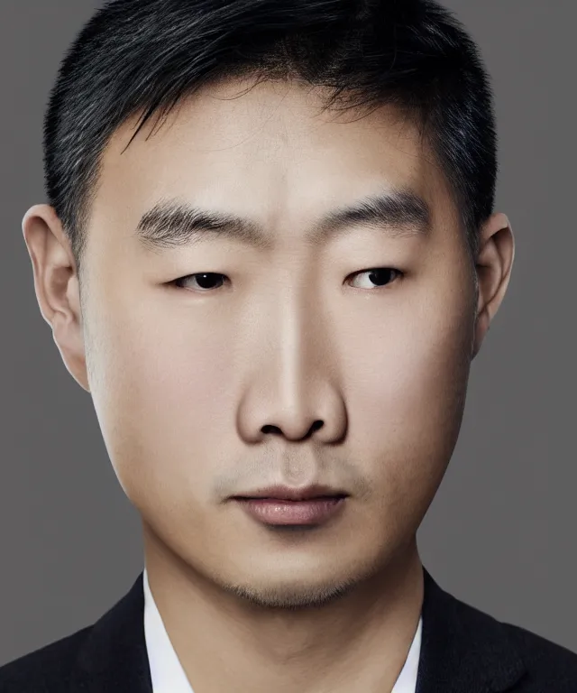 Image similar to portrait of an asian man who has white victoria's secret model's head, realistic, 4 k