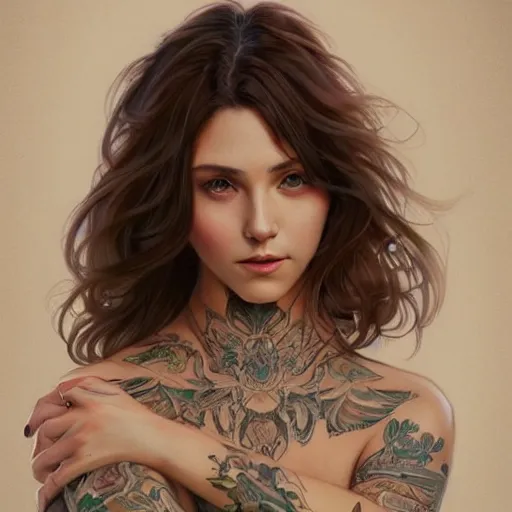 Image similar to ultra realistic illustration, a hot brunette tattooed slavic woman in her late 2 0's, intricate, elegant, highly detailed, digital painting, artstation, concept art, smooth, sharp focus, illustration, art by artgerm and greg rutkowski and alphonse mucha