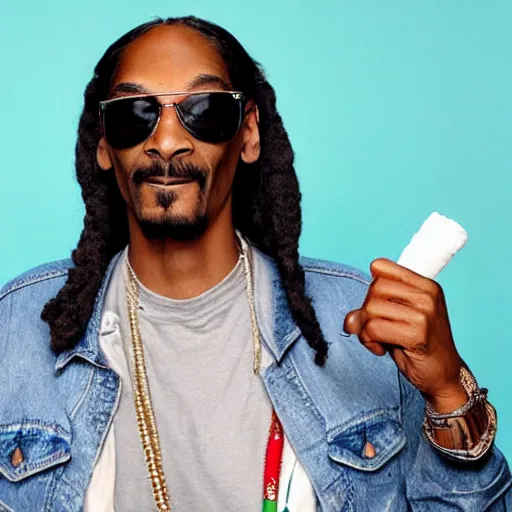 Image similar to Snoop Dog with big eyes eye color red , smiling and holding a joint in his hand