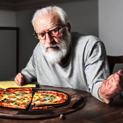 Image similar to a grumpy old danish man with long black hair eating pizza while DMing an AD&D game, D&D, rogue, dark hair, skinny, middle aged, D&D dice on table, papers on table, character sheets on table, natural lighting, black hair