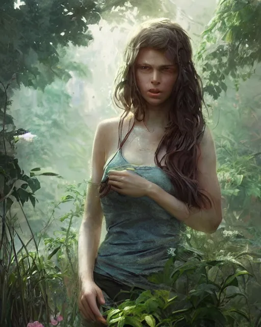 Image similar to a beautiful girl is taking care of the garden in a beautiful and varied vegetation dream garden with quality pruning shears, artstation greg rutkowski, cinematic, hyperrealist, beautiful face and features, the most beautiful girl digital art, light essential calm quality wlop projection render