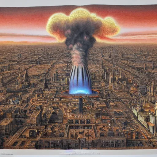 Image similar to nuclear bomb exploding in the center of a city, detailed 1 9 2 0 ’ s colored pencil, highly detailed, highly accurate, deep aesthetic, 8 k, highly ornate intricate details, cinematic lighting, rich colors, ray tracing, hyperrealistic, photorealistic, cinematic landscape, trending on artstation,