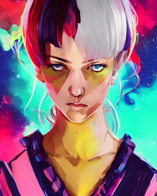 Image similar to poster woman with futuristic streetwear and hairstyle, colourful, model face, cute face, pretty face, 3/4 portrait, Galaxy eyes, beautiful, elegant, Anime by Kuvshinov Ilya, Cushart Krentz and Gilleard James, 4k, HDR, Trending on artstation, Behance, Pinterest, award winning