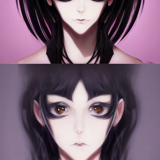 Image similar to front-facing headshot of a young gothic anime woman with black hair and golden highlights, wearing pretty makeup, drawn by WLOP, anime portrait, trending on artstation