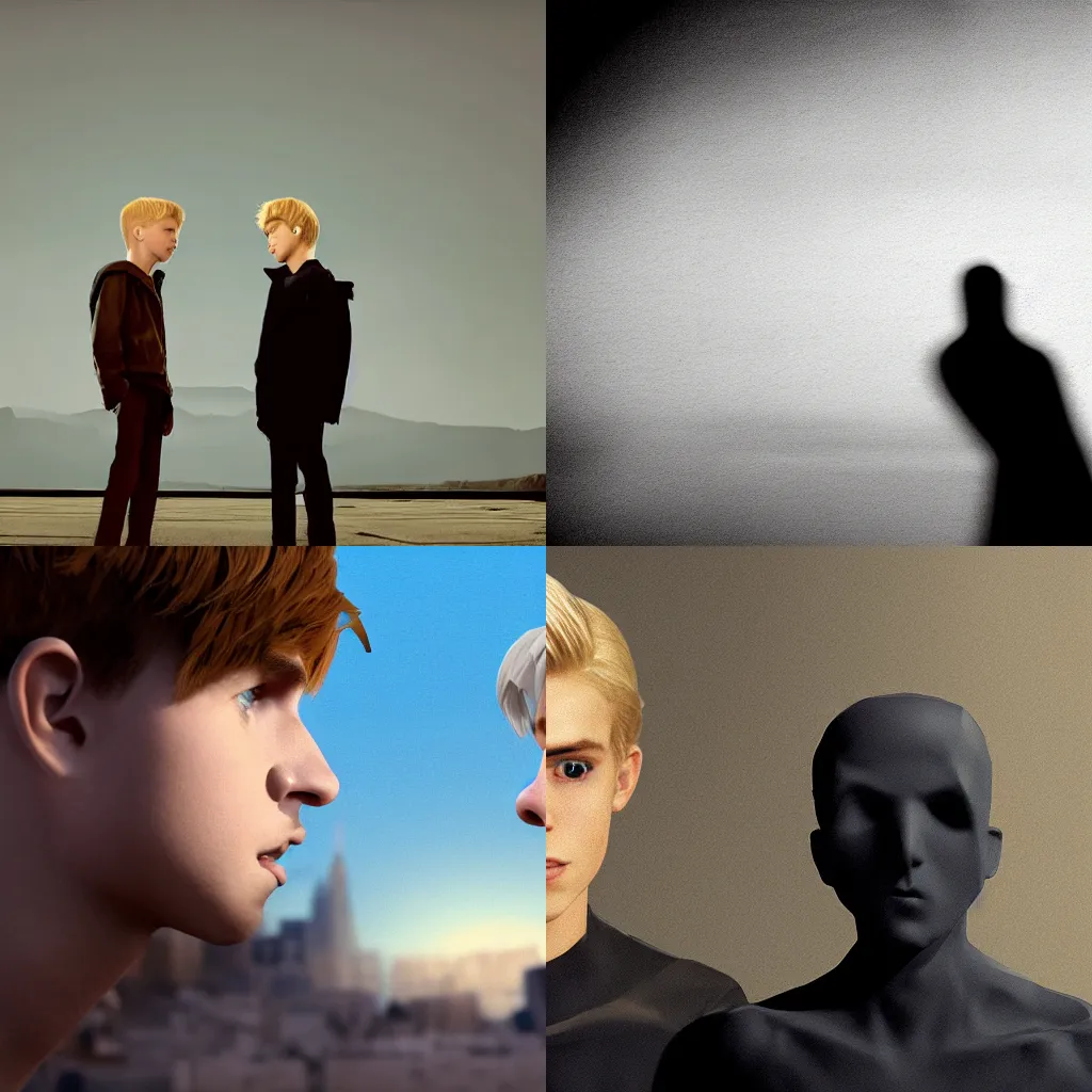 Prompt: a meeting between a blonde boy and his shadow self from an alternate world. cinematic