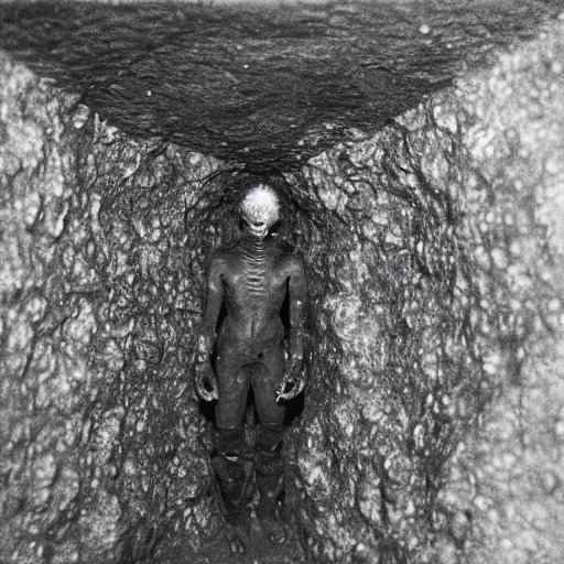 Image similar to photo inside a cavern of a humanoid with lizard skin and a mouth with sharp tooth and black eyes