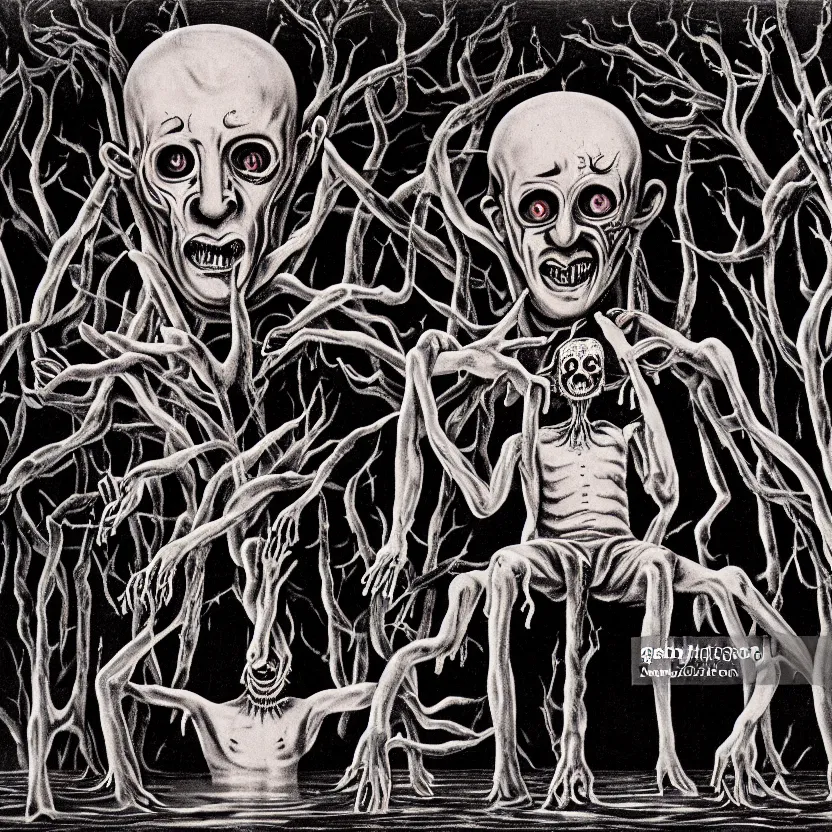 Prompt: a 1 9 5 0 s portrait of a man with five heads, twelve arms, sitting on chair made of human limbs, the chair is floating in a lake of blood, around the lake are melting trees, nightmare scene, supernatural, highly detailed, creepy, terrifying