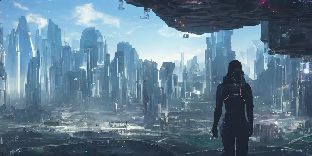 Image similar to a cinematic composition depicting : a translucid crystal - being viewing how a high tech lush solarpunk tribe with their technology is encroaching on a distant cyberpunk world with white clad buildings at sunrise