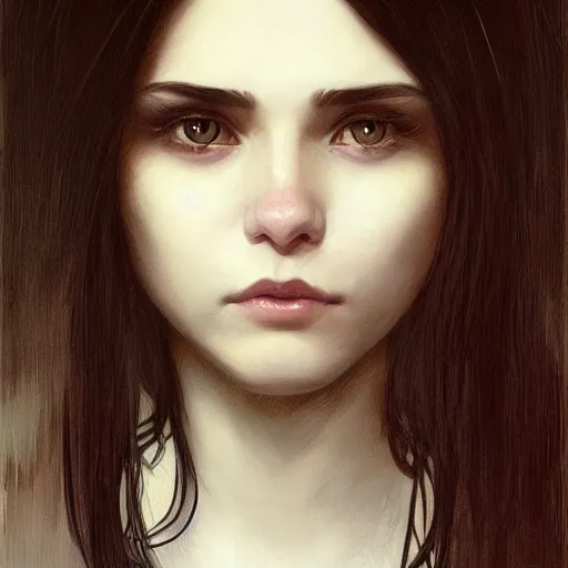 Image similar to emo girl and her cat, with long dark hair, thick eyebrows!!! deep dark big eyes and dark circles!, wide nose!!!, oval face shape, big cheeks! by juan villafuerte, greg rutkowski and alphonse mucha, pexels contest winner, high quality photo, rtx, hd