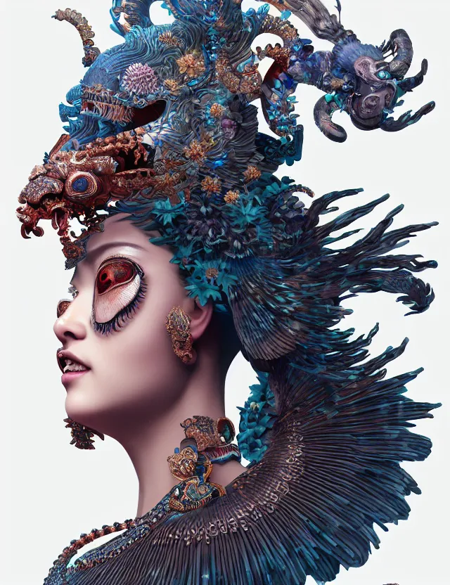 Image similar to 3 d goddess close - up profile portrait with crown, ram skull. beautiful intricately detailed japanese crow kitsune mask and clasical japanese kimono. betta fish, jellyfish phoenix, bio luminescent, plasma, ice, water, wind, creature, artwork by tooth wu and wlop and beeple and greg rutkowski