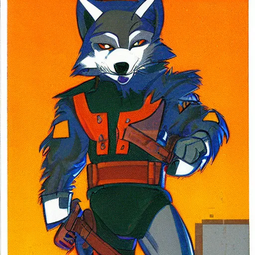 Image similar to 1 9 8 0 s video game art of anthropomorphic wolf o'donnell from starfox fursona furry wolf in a dark space mercenary uniform, looking heroic, magazine scan, 8 0 s game box art, dark grey wolf o'donnell