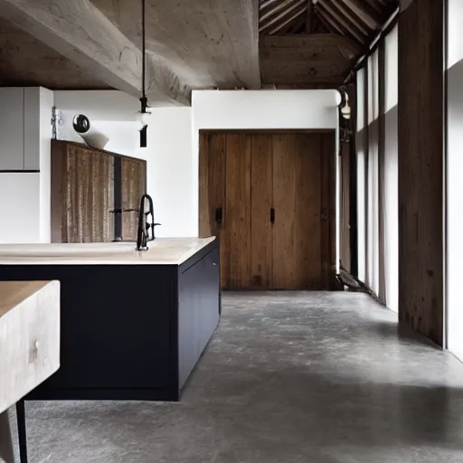 Image similar to luxury bespoke kitchen design, modern rustic, Japanese and Scandinavian influences, understated aesthetic, innovative materials and texture, by Roundhouse Design and Charles Yorke and Davonport