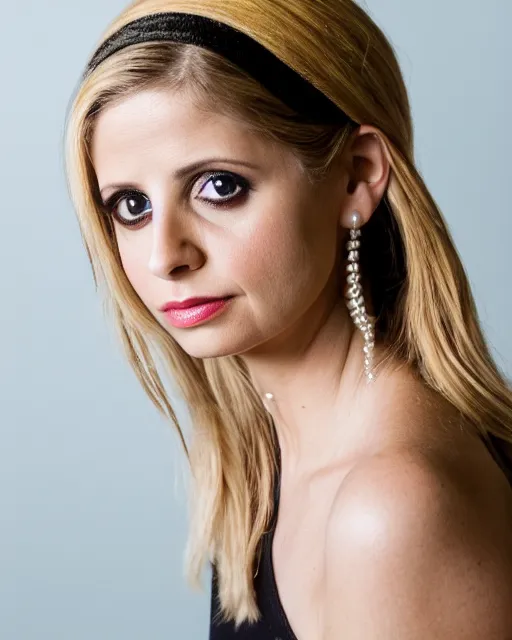 Prompt: A studio photo of Sarah Michelle Gellar as the girl with a pearl earring, bokeh, 90mm, f/1.4