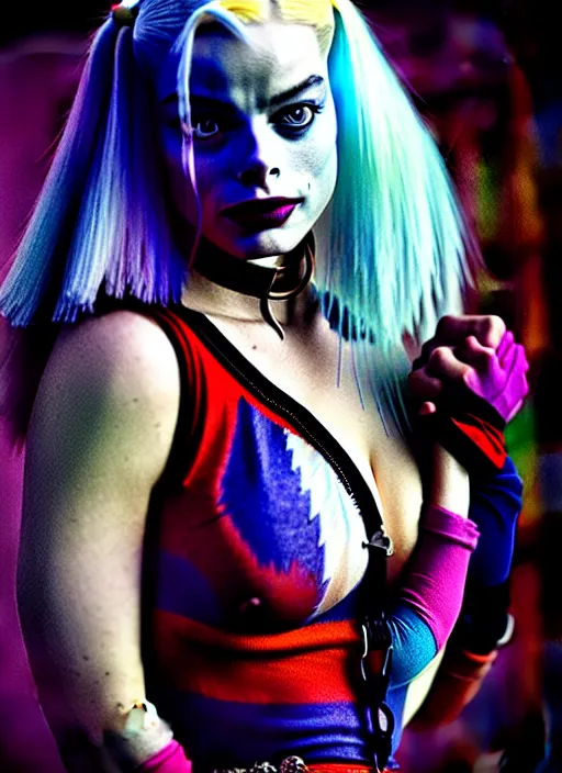 Image similar to 5 0 mm photo of beautiful suicide squad happy margot robbie with long white hair that looks like harley quinn standing on the wet street of dystopian gotham city at night, angry frown, seductive camisole, pinup, glamour fashion pose, watercolor, frank miller, moebius, jim lee, cinematic, ridley scott, lens flare, dramatic lighting, annie leibowitz