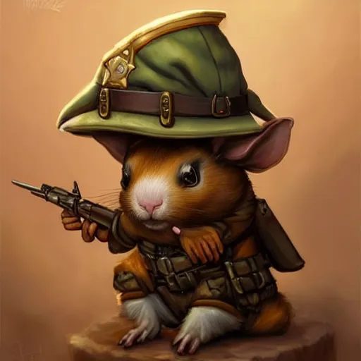 Image similar to cute little anthropomorphic Guinea Pig ww1 soldier, tiny, small, short, military outfit, cute and adorable, pretty, beautiful, DnD character art portrait, matte fantasy painting, DeviantArt Artstation, by Jason Felix by Steve Argyle by Tyler Jacobson by Peter Mohrbacher, cinema