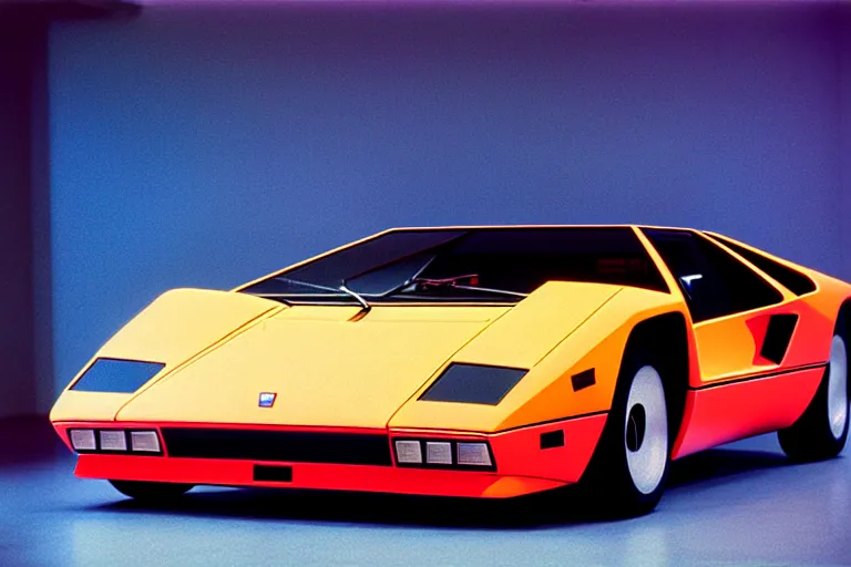 Prompt: designed by giorgetto giugiaro stylized poster of a single countach 9 5 9 concept, thick neon lights, ektachrome photograph, volumetric lighting, f 8 aperture, cinematic eastman 5 3 8 4 film