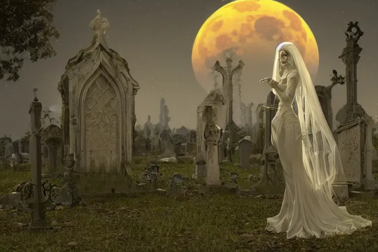 Image similar to an ultra detailed animation of a transparent ghost bride in a graveyard at midnight on halloween, digital art, dark fantasy, concept art, soulslike, by alphonse mucha, blood moon eclipse, ruined building in the background, artstation, 8 k, unreal engine render