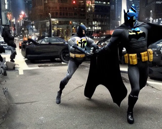 Image similar to Batman caught beating up a random guy in Gotham loool can't have shit in Gotham, secuirty cam footage, low quality footage, paparazzi, leaked footage