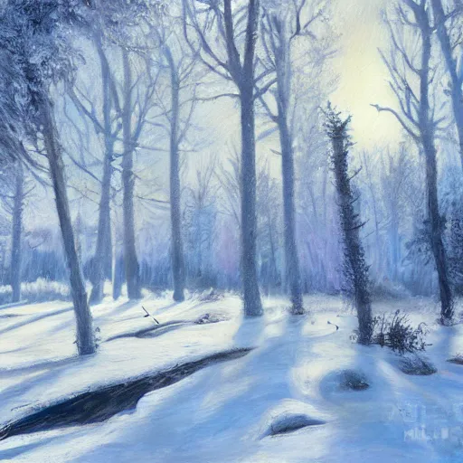 Prompt: hyperborean civilization, beautiful realistic painting, winter, trees, snow