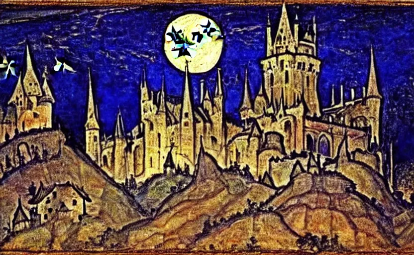 Image similar to medieval painting by mikhail vrubel, full moon, french gothic burning! castle, bats flying away from castle, blur, bokeh,