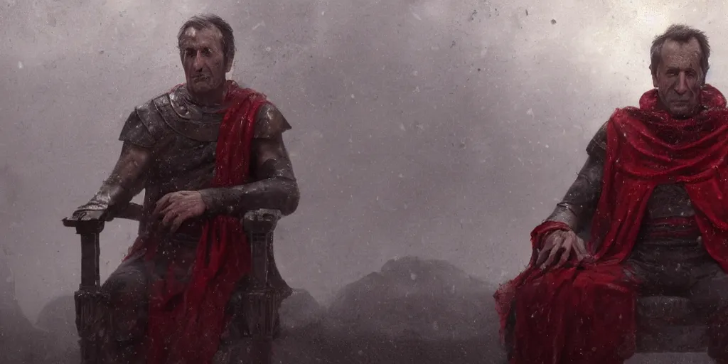 Image similar to the end is near. a tired julius caesar is sitting on his throne. face is highly detailed. splices of red are running down his toga. mist. color scheme red. low angle close shot. atmospheric. global illumination. unreal engine render. imagined by jeremy lipking