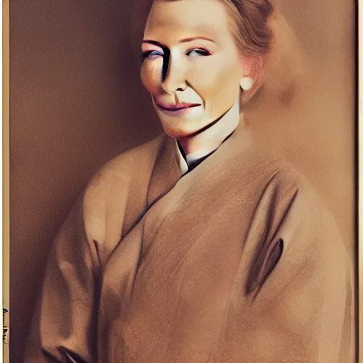 Image similar to portrait of cate blanchett ,japanese wood print