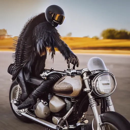 Prompt: A goose bird wearing leather aviator\'s hat, riding a motorbike, high speed effect, cinematic lighting, photo realistic image, 4K, super detailed, cinematic look, H 1024