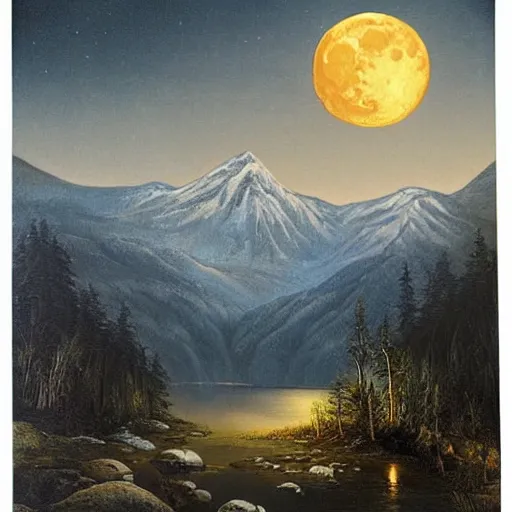 Prompt: a highly detailed landscape painting of a mountain range with a forest on the mountains, at night, full moon