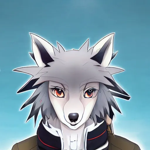 Image similar to key anime visual portrait of an anthropomorphic anthro wolf fursona, in a jacket, with handsome eyes, official modern anime art