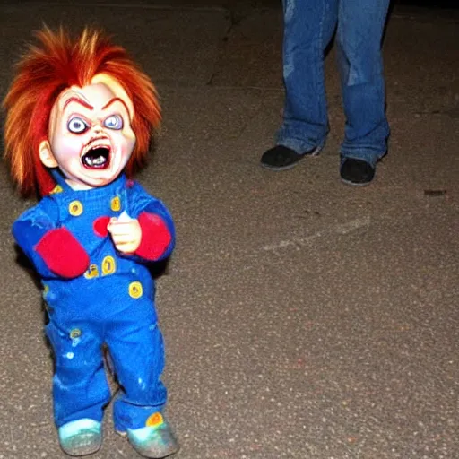 Prompt: chucky doll screaming!!!! at ice cream on the ground