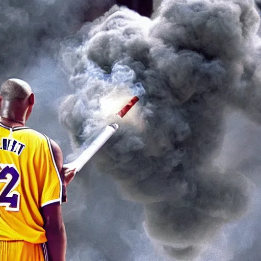 Image similar to selfie of kobe bryant holding a giant rolled marijuana cigarette in a helicopter full of smoke, 8k resolution, hyper detailed, shot in the air