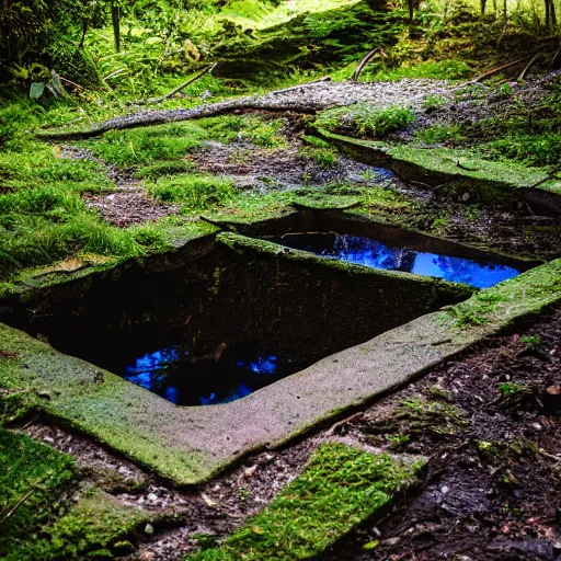 Prompt: photograph of liminal pool, sigma 3 0 mm, f / 2. 8, 8 k, high detail, synthwave, in nature, abandoned