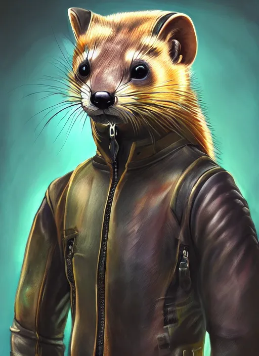Prompt: cyberpunk anthropomorphic ferret pine marten, wearing leather jacket, medium shot portrait, digital painting, trending on ArtStation