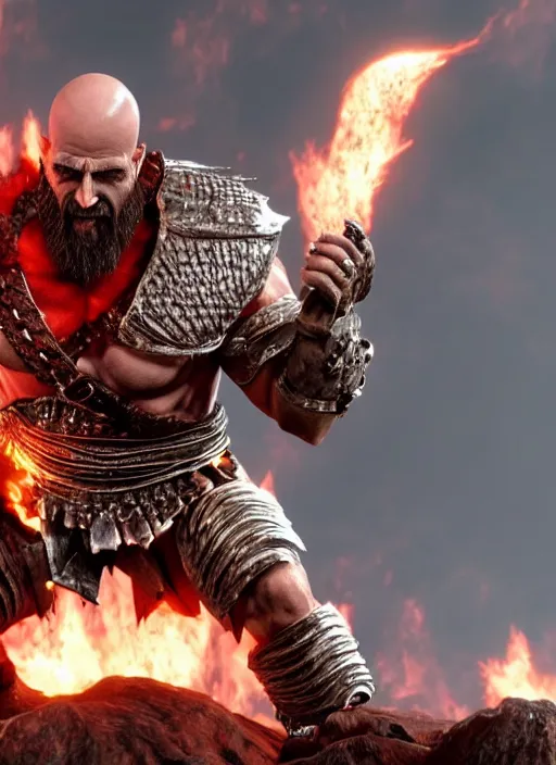 Image similar to muscular armored screaming kratos rocking out on a flaming stratocaster guitar, cinematic render, god of war 2 0 1 8, playstation studios official media, lightning, flames, left eye stripe, left eye stripe, left eye stripe, left eye stripe, clear, coherent