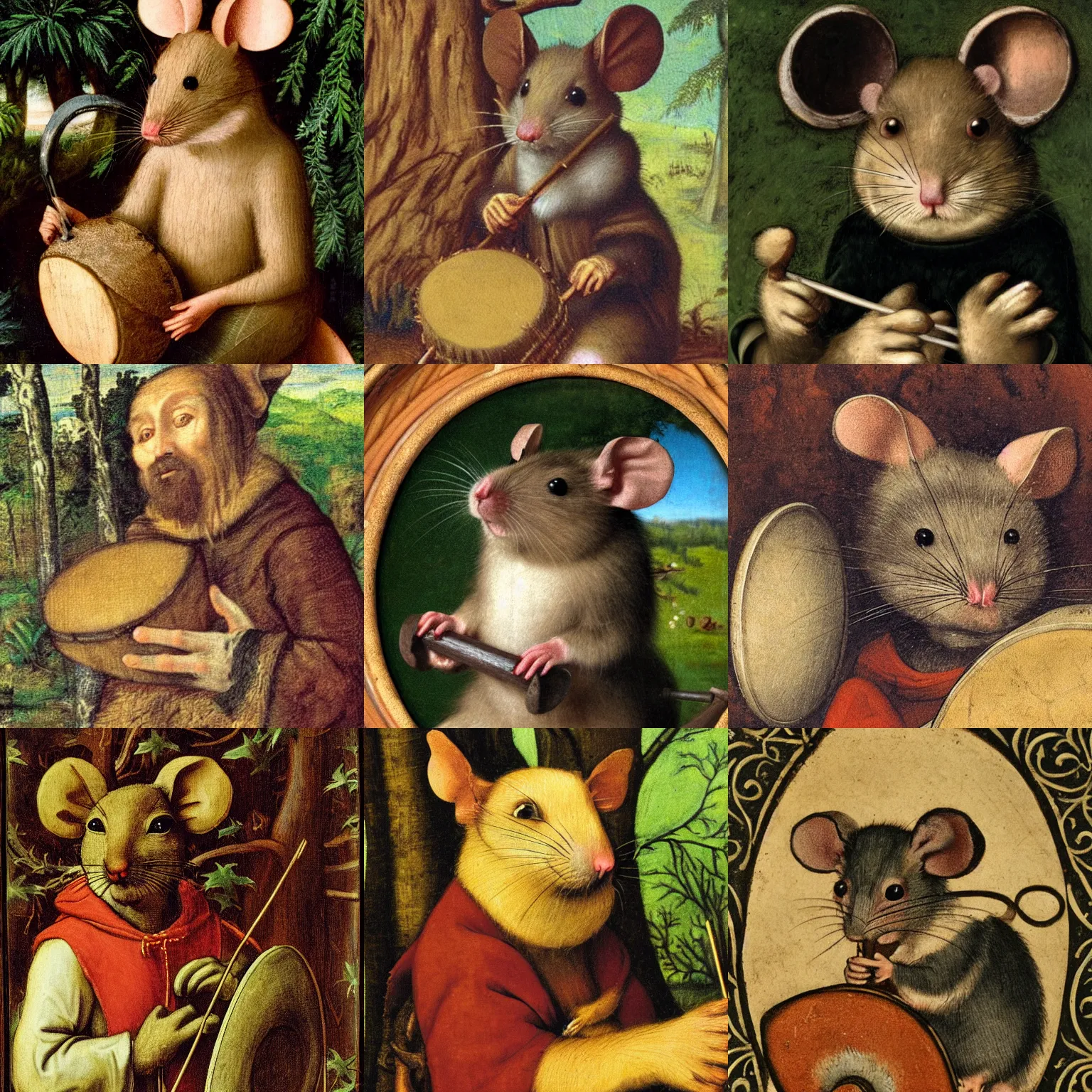 Prompt: mouse holding a drum, sitting in the forrest, medieval portrait, close up