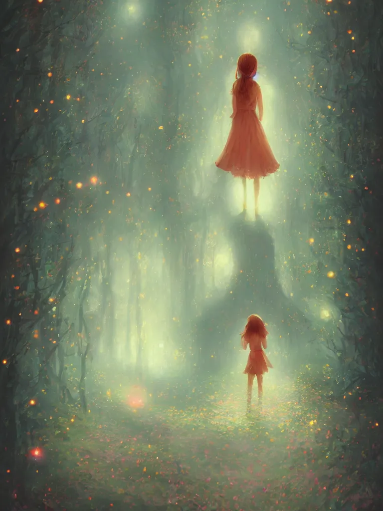 Image similar to Whimsical beautiful painting of a girlfacing away, looking towards a glowing magical forest full of fireflies, cgsociety, trending on artstation