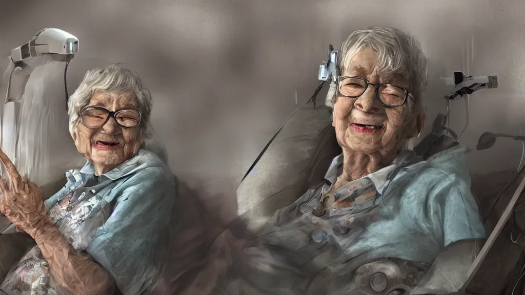 Prompt: my grandma in a nursing home located near a futuristic tank battle, old lady, cybernetic, lasers, dark future, hellscape, digital art, fear, creepy, jeff the killer, trending on artstationhq