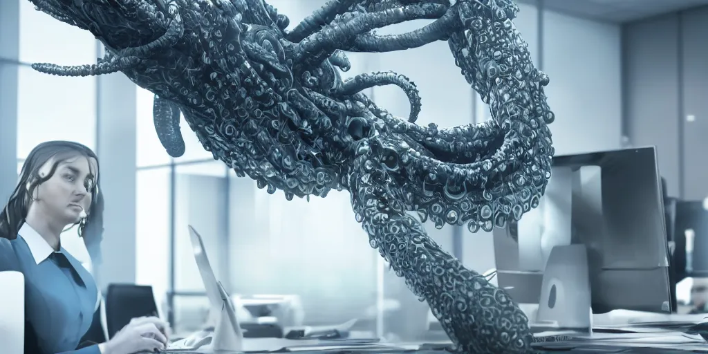 Prompt: A photo of an alien tentacle creature in a business suit working in a corporate office, 4K, realistic