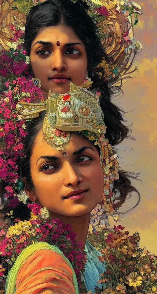 Image similar to close up a beautiful Indian doctor in Texas, sun shining, photo realistic illustration by greg rutkowski, thomas kindkade, alphonse mucha, loish, norman rockwell.