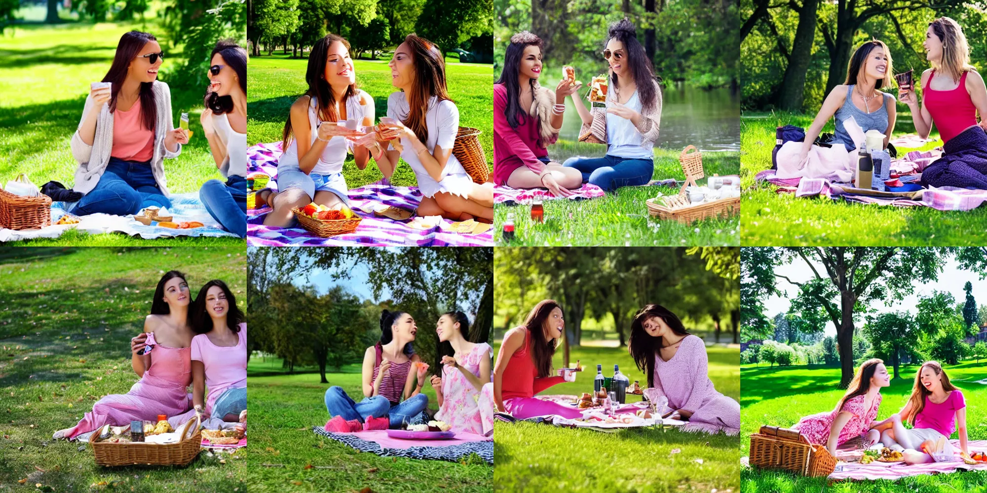 Prompt: two beautiful women having a picnic at the park, a pack of geese attack